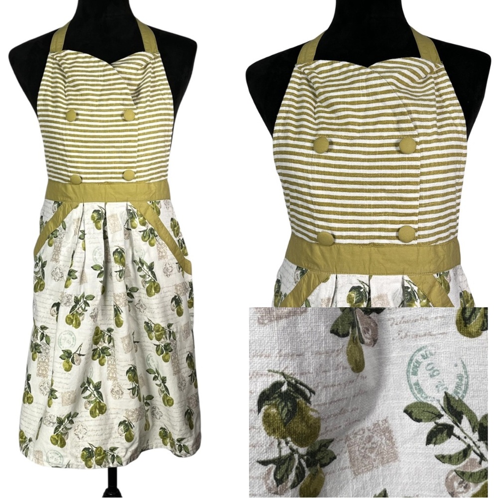 Artisan Studio Lime Apron Striped Green White Print Tie Pockets Kitchen Cooking